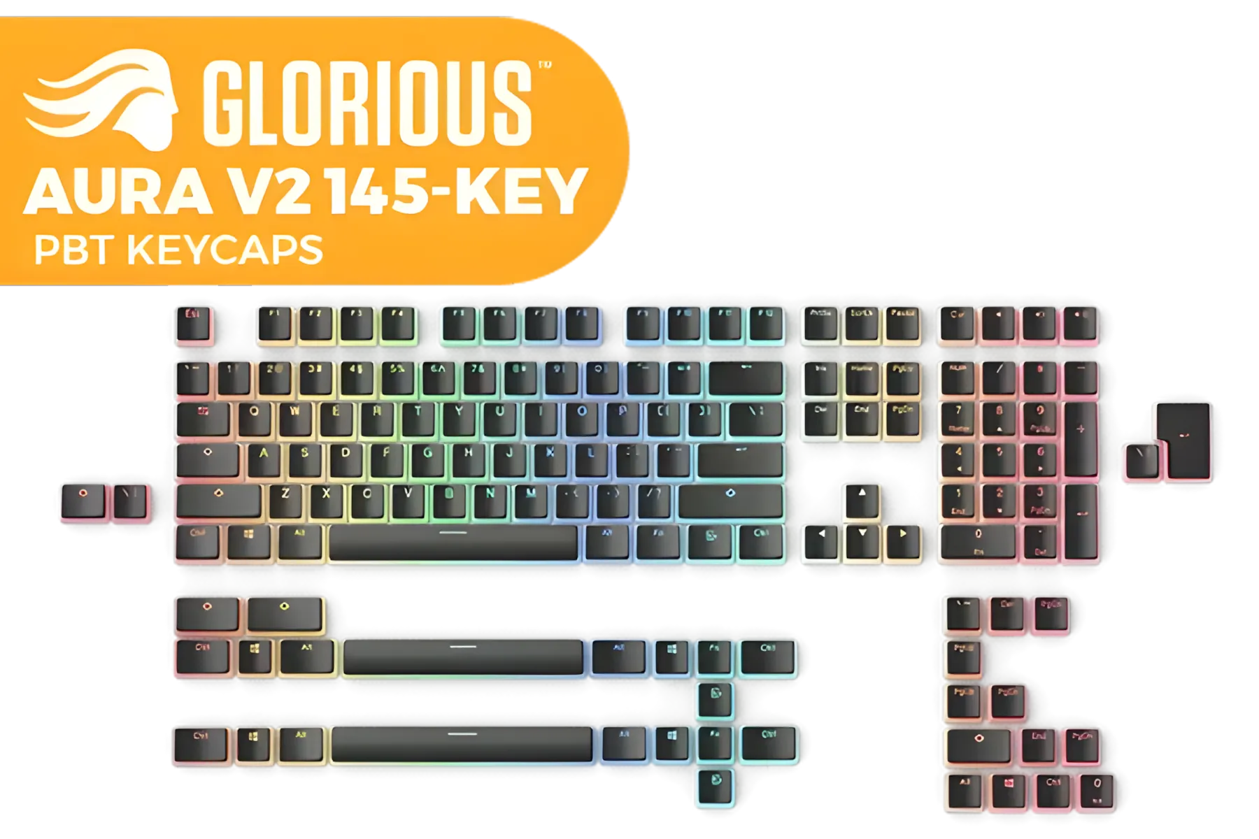 Glorious Aura V2 145-Key PBT Mechanical Keyboard Keycaps – Full-Size • Black • LED Compatible