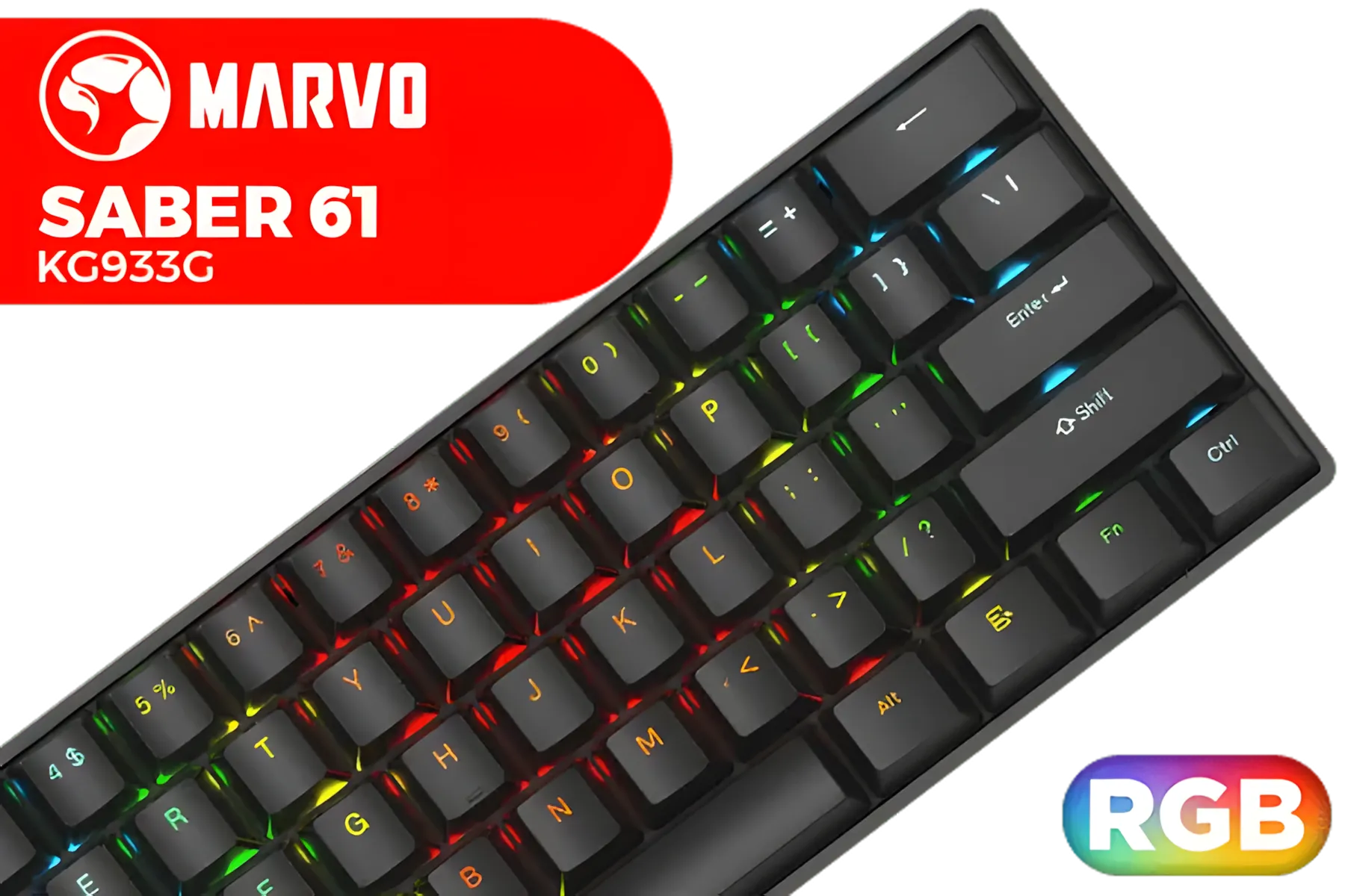 MARVO KG933G Saber 61 Mechanical Gaming Keyboard – Red Switch • 60% Compact • RGB Backlight • Detachable USB-C