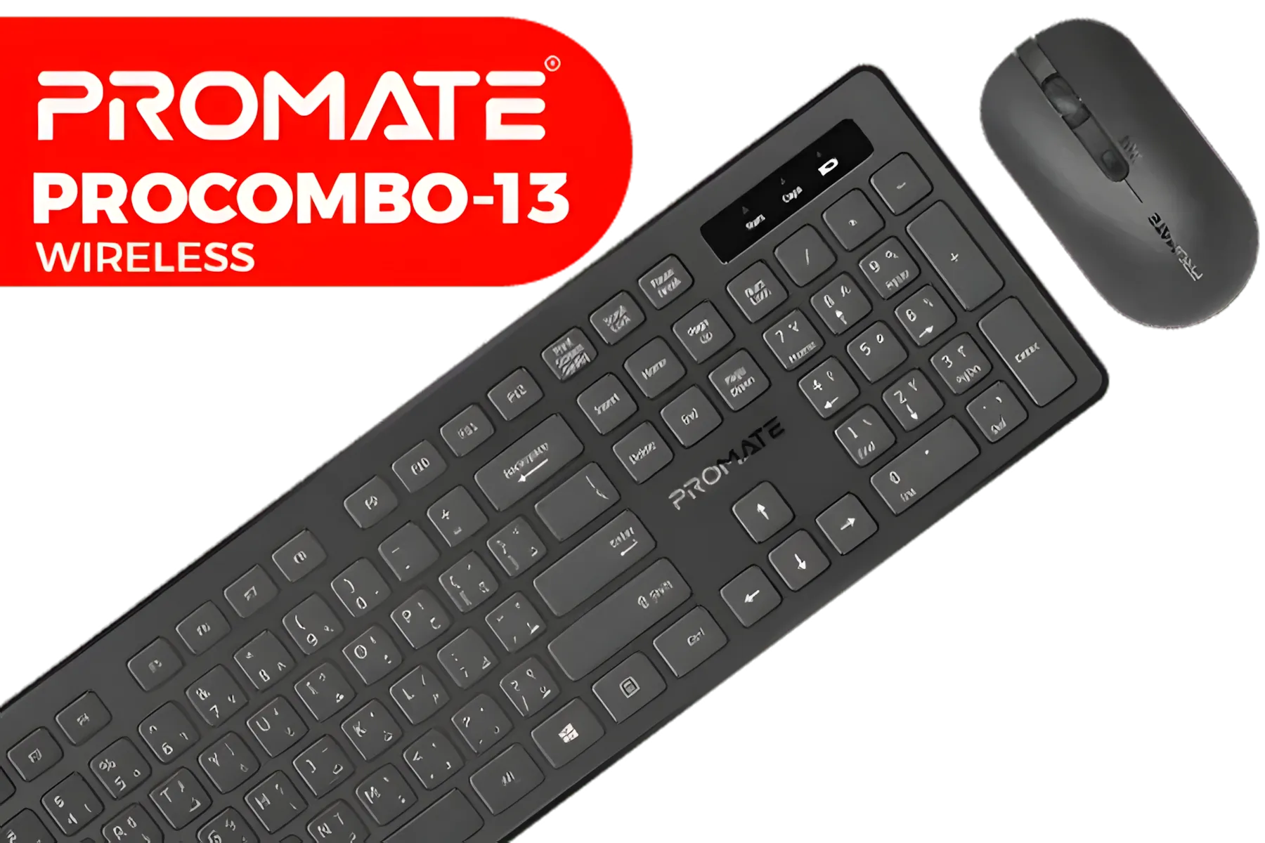 Promate Wireless Keyboard & Mouse Combo – Slim Full-Size • 2.4GHz Wireless • Quiet Keys • Ambidextrous Mouse