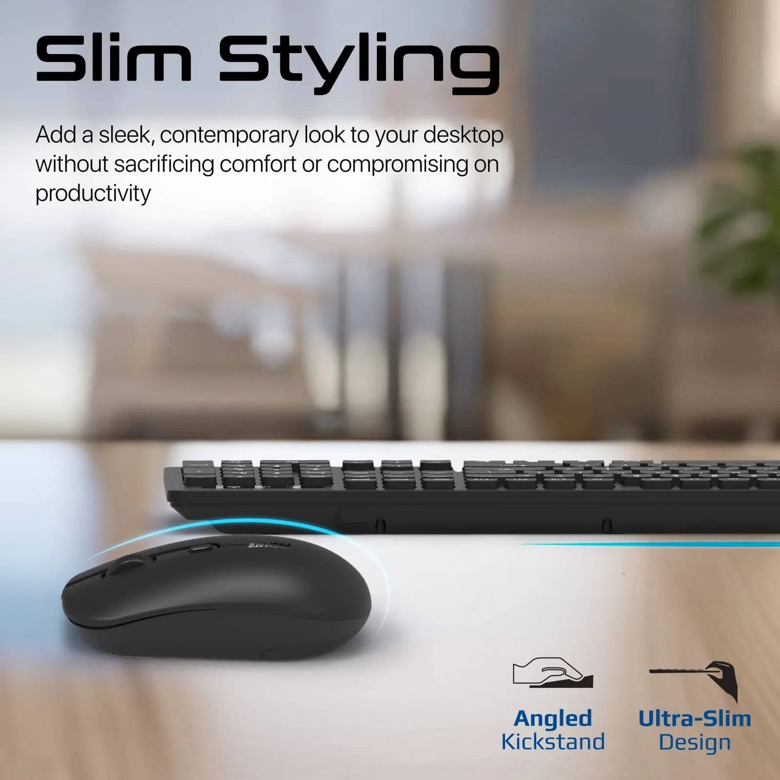 Promate Wireless Keyboard & Mouse Combo – Slim Full-Size • 2.4GHz Wireless • Quiet Keys • Ambidextrous Mouse